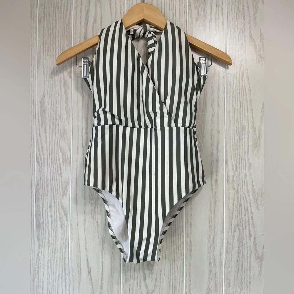 Cremieux Stripped Olive Green Faux Wrapped One Piece Swimsuit Size S EUC